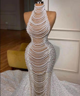 Glamorous High Neck Mermaid Evening Dress With Pearls and Sequins